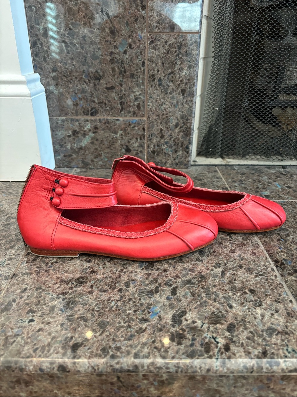 ELF Red Leather Mary Jane Ballet Flats with Button Strap